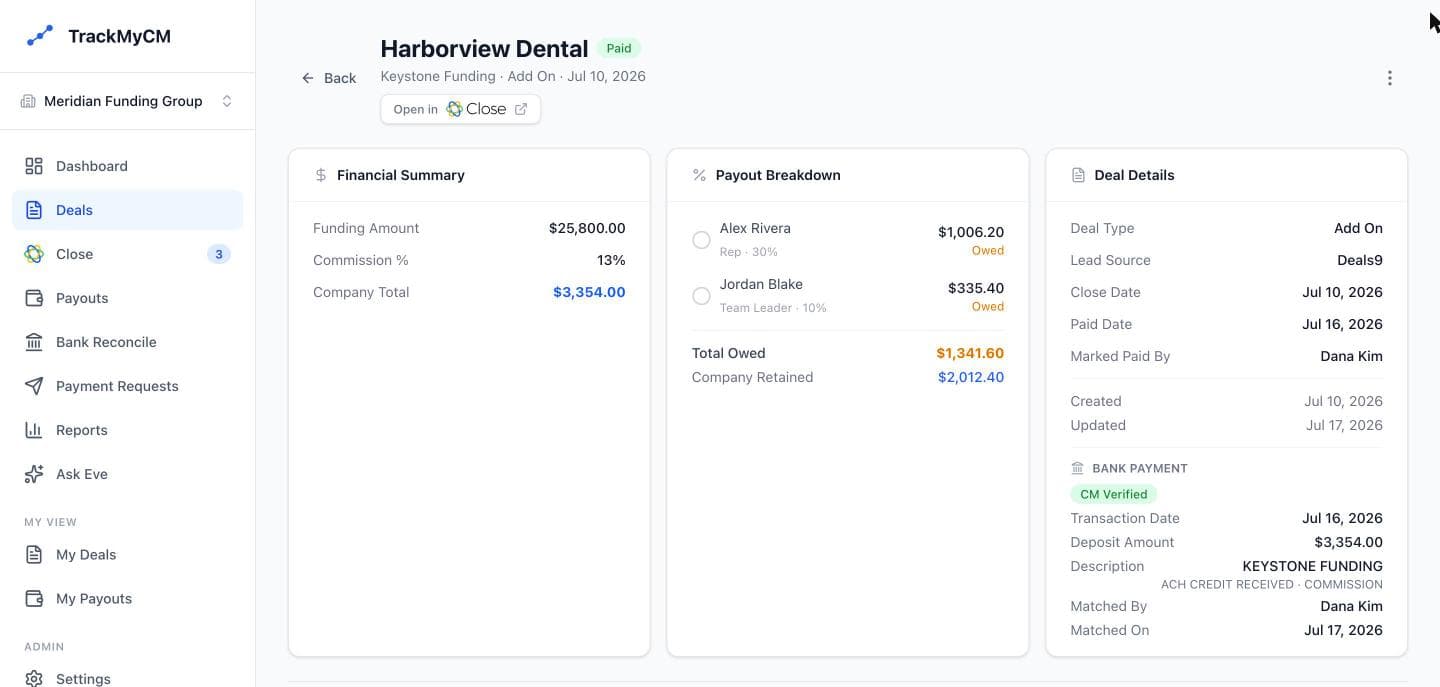 TrackMyCM deal detail showing the payout split between rep and team leader, with the bank deposit matched